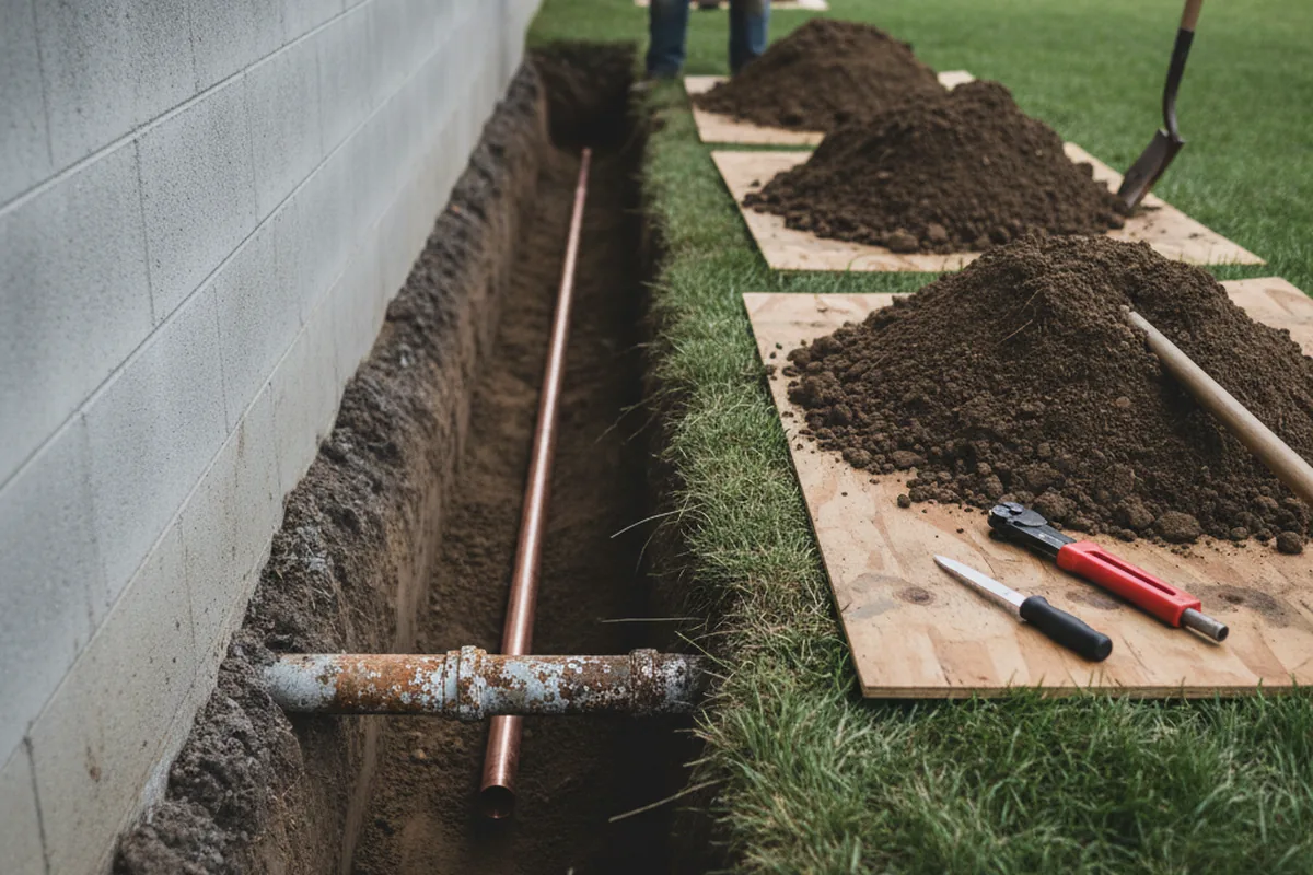 Excavated water line trench during Sewer Line Repair in Rule